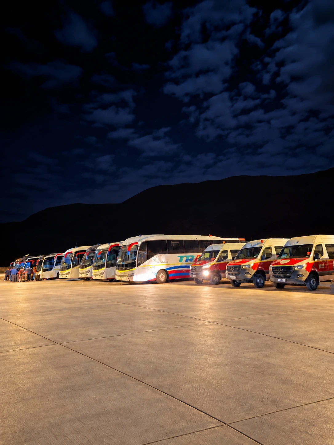 Flota TRA de noche en Atacama, composición visual con explanada de hormigón y entorno despejado