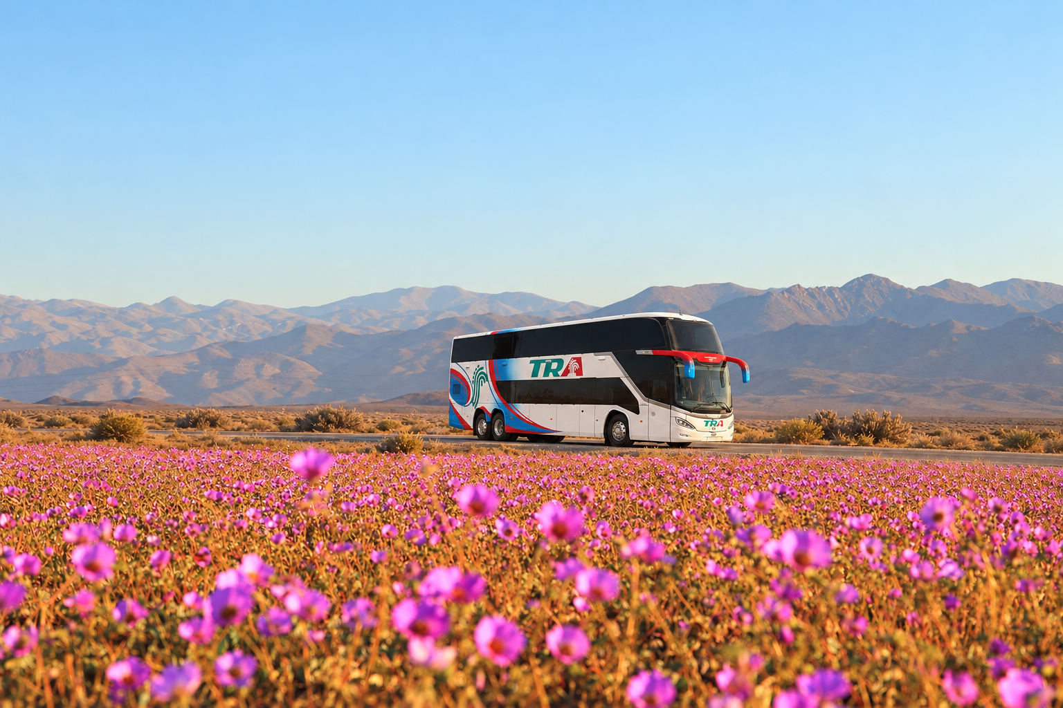 Composición visual de un bus TRA al fondo de un paisaje de desierto florido en Atacama
